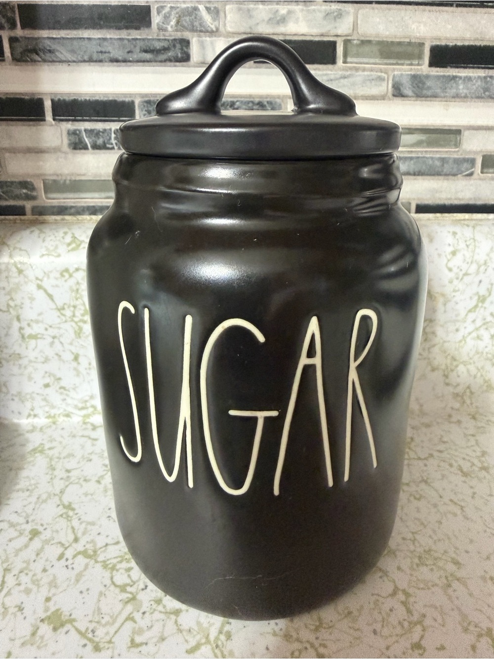 RAE DUNN BLACK CERAMIC SUGER CANISTER KITCHEN DECOR CUTE DISPLAY PIECE